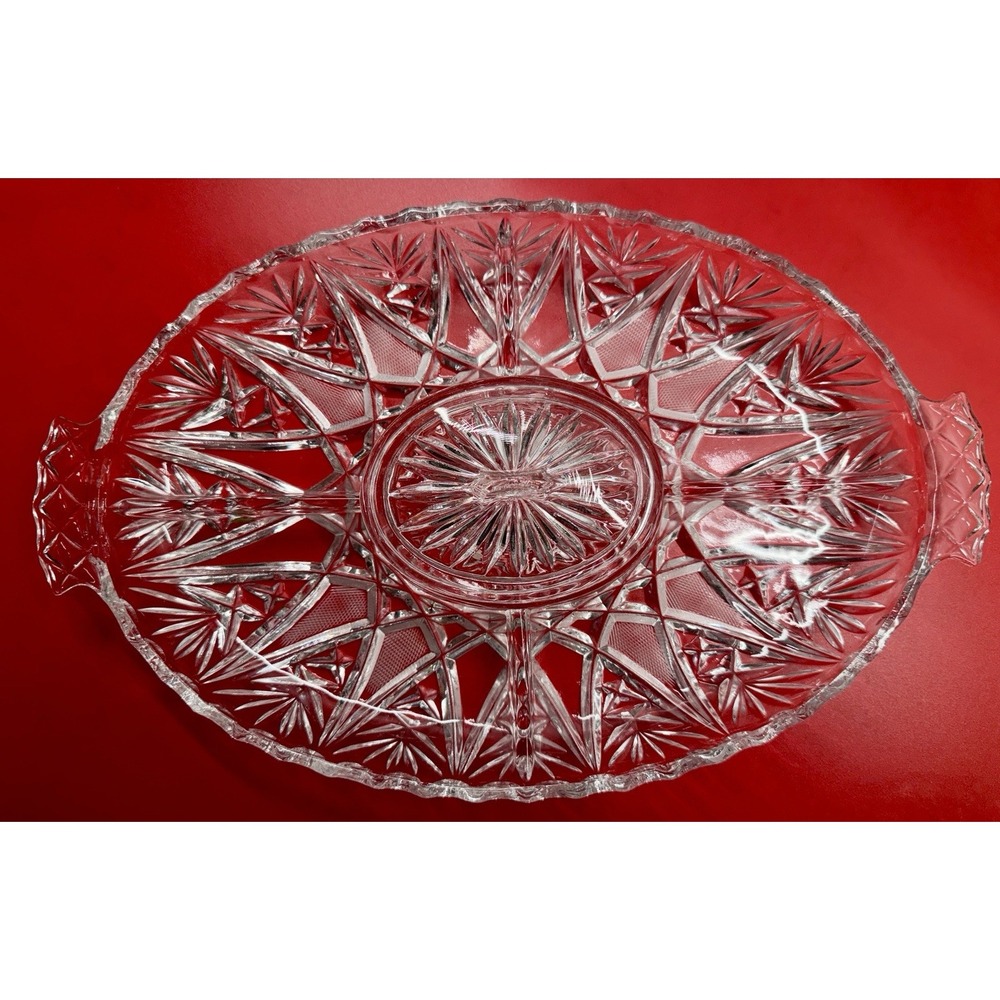 Large Oval Pressed Glass Serving Dish with 5 Divided Sections & Small Lid